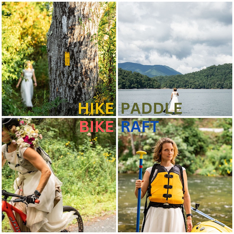 quad view of all four activities for the wedding dress challenge. The colors try to match the palette of the activity and give the energetic vibe of the smoky mountain mass of outdoors adventures. 