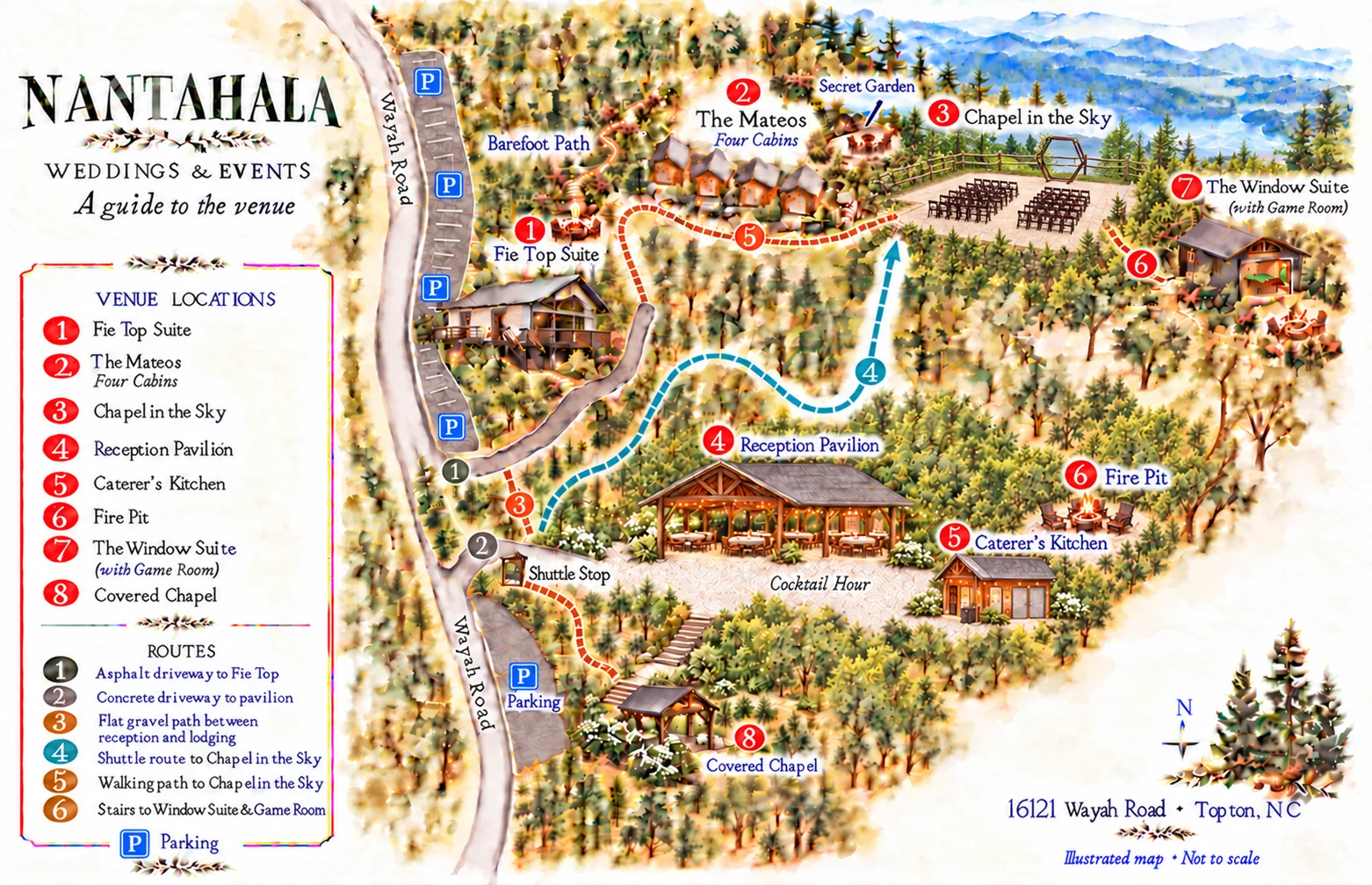 Nantahala Weddings Venue Map with watercolors thank you chatGPT
